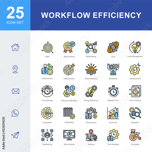 A set of icons focused on workflow efficiency, covering agile methods, lean practices, automation, performance, time tracking, and strategic resource utilization for better outcomes.