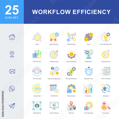 A set of icons focused on workflow efficiency, covering agile methods, lean practices, automation, performance, time tracking, and strategic resource utilization for better outcomes.