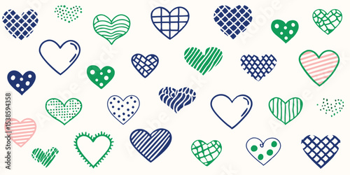 Hand drawn summer vacation illustration set of various patterned heart shapes in green pink and navy blue perfect for many creative design projects