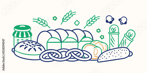 Illustrated vector of assorted bakery items and ingredients offering a summery style suitable for design work, perfect for a summer vacation illustration set.