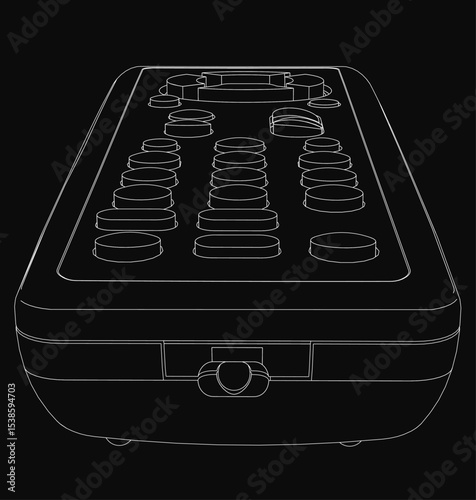A white line art outline of a TV remote control on a black background, shown from a front view. The vector illustration features clean, minimalist contours with clearly defined buttons and a simple,.