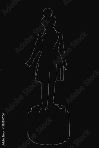 A white vector line silhouette of Russian poet Alexander Pushkin standing on a pedestal against a black background. The minimalist contour art depicts the famous statue in a clean, modern style.