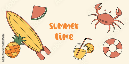 Playful and vibrant summer vacation illustration set featuring a surfboard watermelon crab pineapple drink and life preserver perfect for various creative projects