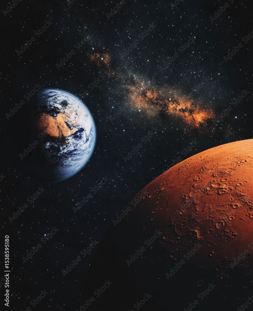 Naklejka premium Earth and Mars in space, viewed from afar, showing the Milky Way galaxy.