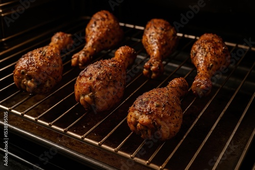 Spiced herb-coated chicken drumsticks roasted on a wire rack