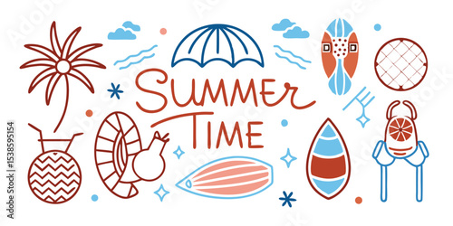 Summer time illustration featuring beach holiday elements palm trees surfboards clouds and various other summer vacation elements for creative design