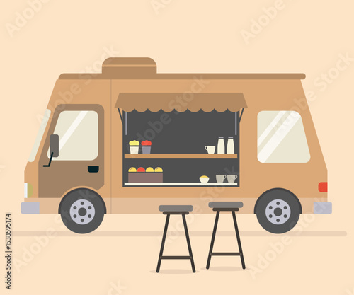Brown Dessert Food Truck Flat Vector, Bakery Van with Display and Stools, Street Festival Cart and Mobile Cafe