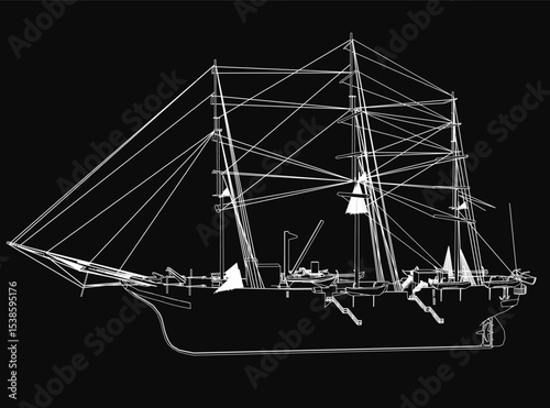 A black and white sailboat glides gracefully on a dark background, its sails billowing in the wind. The detailed hull glistens under the light, capturing the essence of maritime adventure.