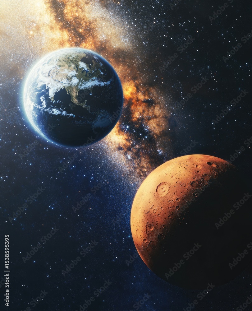 Fototapeta premium Earth and Mars in space with the Milky Way galaxy.