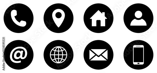 Set of contact and communication icons in flat circle style. Contact information icons for business cards. Includes home, map pin, globe, at symbol, phone, and email. Vector illustration.