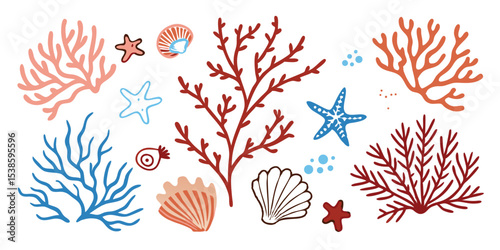 Vibrant underwater illustration set featuring coral starfish and shells perfect for creative summer vacation design projects