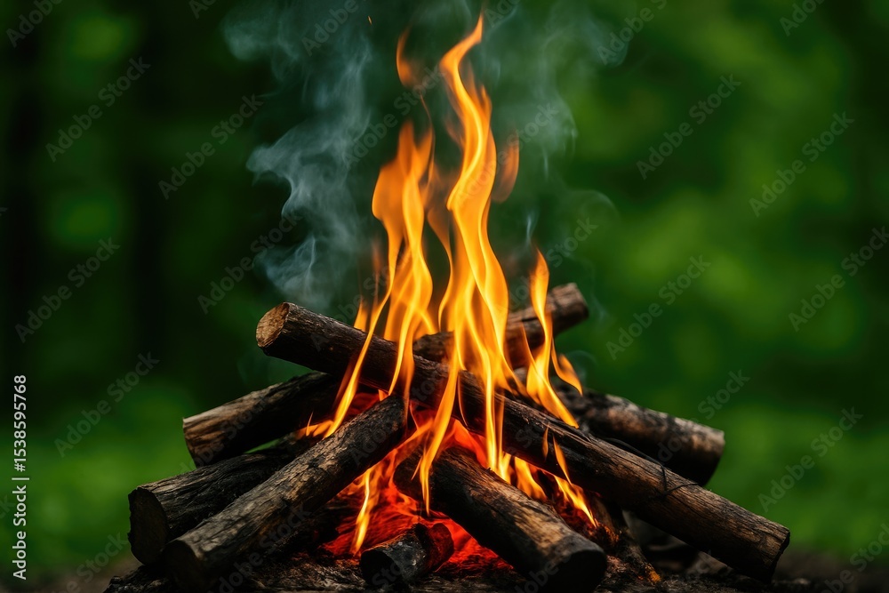 Nighttime bonfire against a lush green backdrop Nighttime bonfire against a lush green backdrop