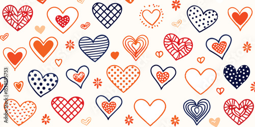 Whimsical hand drawn illustration set with various hearts and floral elements perfect for holiday summer vacation greeting cards and design