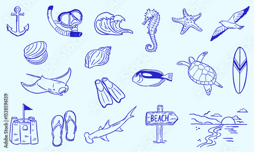 underwater animal beach doodle illustration - sketch hand drawn - collection set