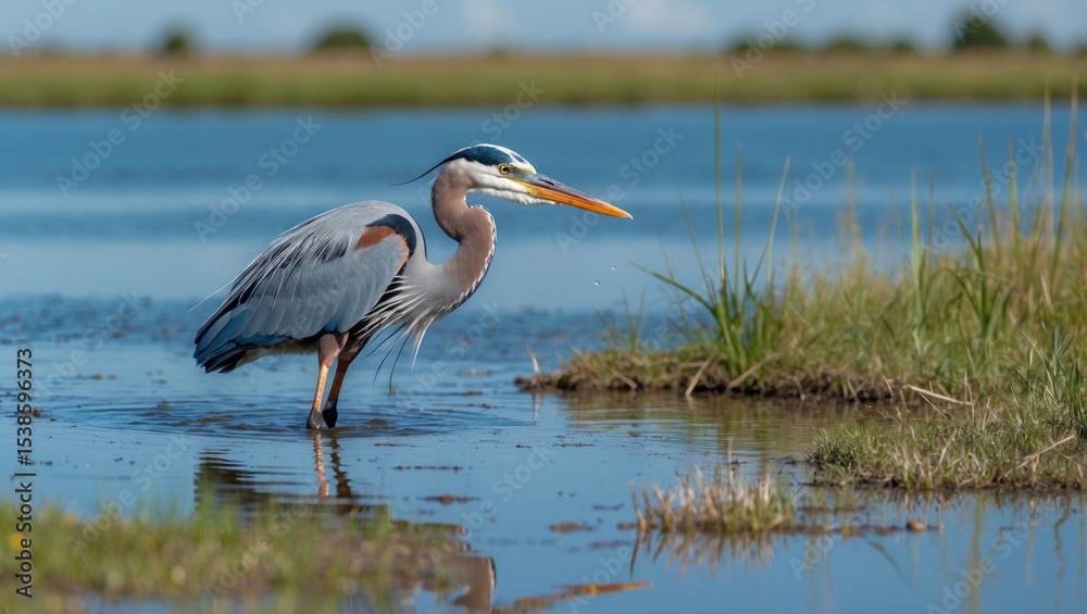 Obraz premium Wildlife area scene featuring a blue heron in pursuit of prey