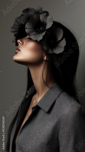 Young caucasian woman with black flowers in hair against gray background