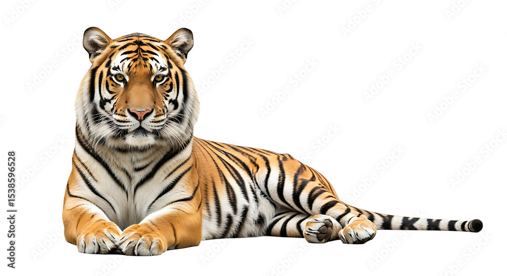Fototapeta premium Resting wildcat lying down facing forward with stripes on white