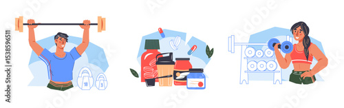 Sport nutrition, healthy food supplements and fitness themed banners set for app or web page and presentation. Vector designs for sport supplements and gym, vector illustration isolated on white.