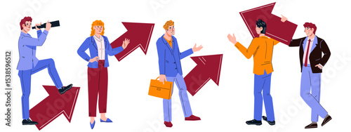 Business strategy and visionary concept of challenge, goal and future vision. Business people choose goals and direction of development, vector illustration isolated on white background.