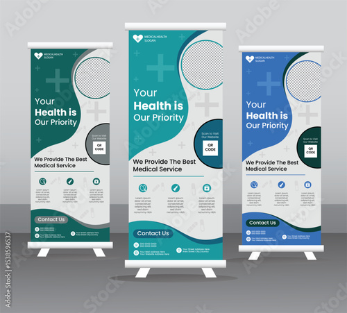 Medical Rollup Banner Design – Editable & Modern Healthcare Stand Banner Template | EPS Vertical Layout
