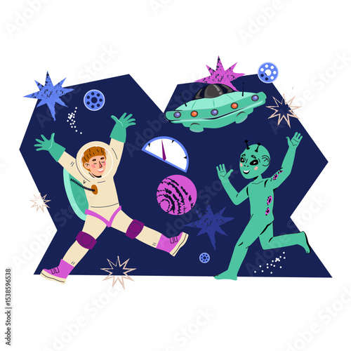 Child astronaut and happy smiling alien, cartoon vector illustration isolated on white background. Space exploration, adventure, kids game or quest banner.