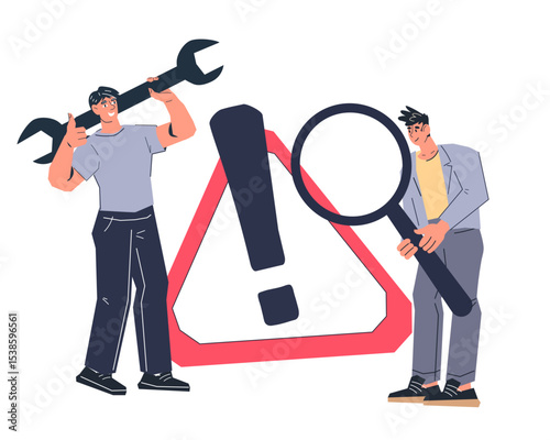 Business risk, incident management concept, vector illustration isolated on white background. Risk managers and technicians identify and eliminate the problem.