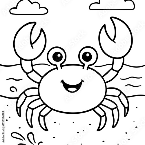 A cheerful crab waves its claws on the sandy beach, drawn in a simple black-and-white outline for children to color.
