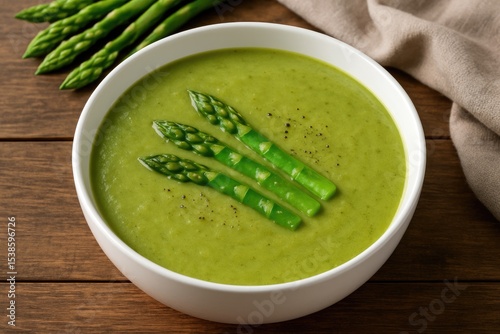 Creamy green asparagus soup served in a white bowl on a rustic wooden table