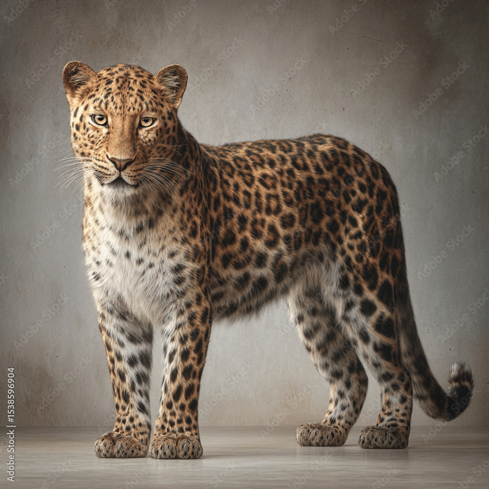 Obraz premium Realistic portrait of a standing leopard with a spotted coat against a textured background 