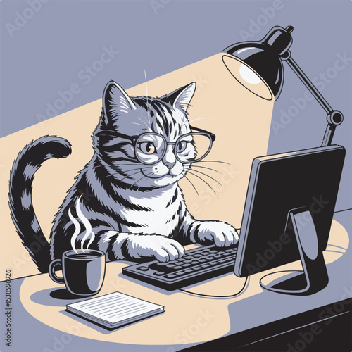 Gray Tabby Cat Wearing Glasses Uses Computer Keyboard Desk Lamp Coffee Cup Notepad gray cat