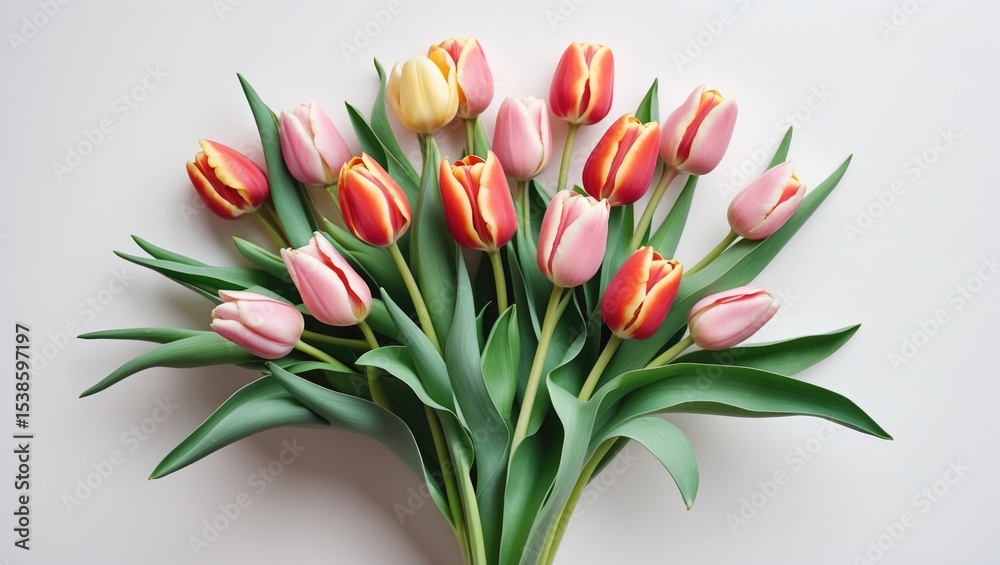 Obraz premium A collection of vibrant tulips paired with lush green foliage on a plain white backdrop