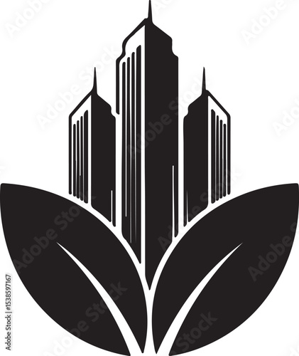 Black city skyline vector with skyscrapers and urban business symbols