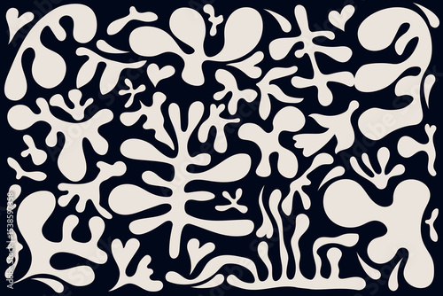 Hand drawn abstract organic shapes pattern in boho style. Cut out twigs, plants and leaves isolated on a beige background. Trending illustration of natural elements in a minimalistic style.
