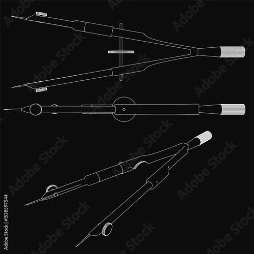 A set of compasses drawn in black and white on a dark background, featuring three distinct tool designs arranged symmetrically. The largest tool dominates the center, flanked by two smaller ones,.