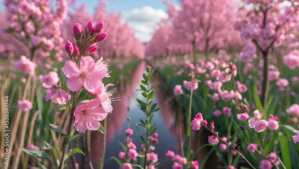 Fototapeta premium Vibrant Spring Blooms Along the Waterway