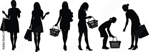  Diverse female shoppers in various poses, carrying bags and baskets, illustrating retail experiences, grocery shopping, and consumer lifestyle, ideal for marketing and e-commerce visuals.