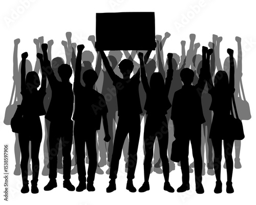 Silhouette of a group of young people demonstrating, young people holding banners, isolated icon on white background
