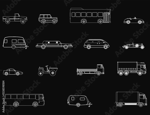 A set of car and truck silhouettes arranged in a neat row on a black background, showcasing unique designs. The clean contours highlight each vehicle's shape, creating a sleek and modern aesthetic.