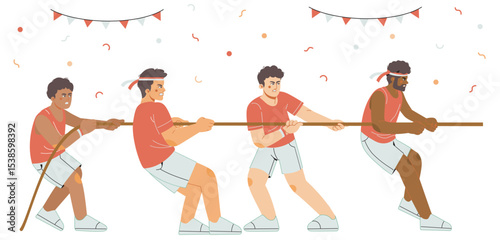 men various races tug of war competition. celebration of august 17th indonesian independence