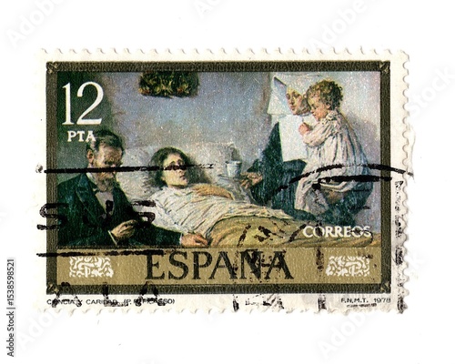 A vintage postage stamp from Spain isolated on a white background.