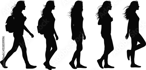  Dynamic silhouettes of young women walking with a backpack, showcasing various casual and active poses, perfect for themes of travel, adventure, and modern lifestyle, isolated on white.