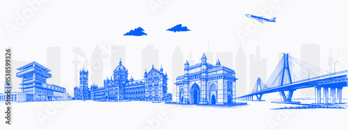 Mumbai Skyline Illustration with Cultural Touch and Festival Spirit – Best for Advertising, Travel Guides, and Educational Material