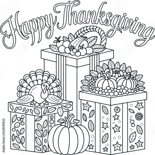 Happy Thanksgiving Coloring Page Featuring Turkey Pumpkins Gift Boxes and Autumnal Decorations Line Art Illustration