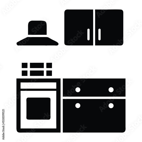 Black kitchen interior outline design featuring oven cabinets and extractor fan