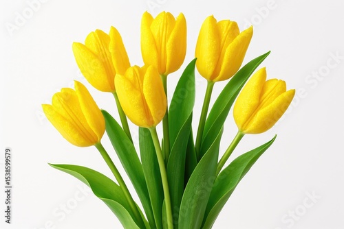 Yellow tulip arrangement with dewdrops on petals, isolated on a white background.
