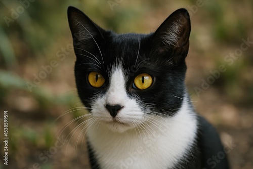 Adorable feline with striking yellow eyes and a black-and-white coat