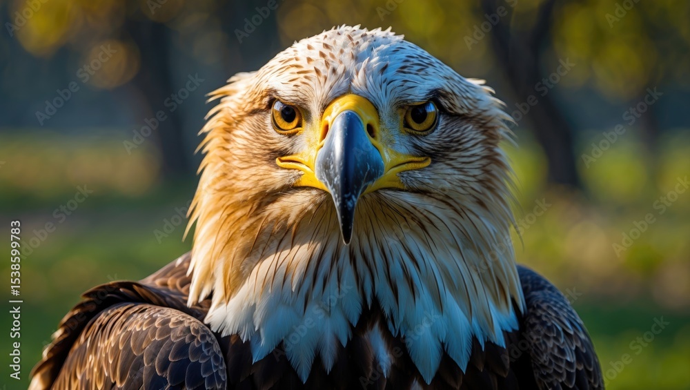 Fototapeta premium Stunning close-up of a majestic eagle in a lush outdoor setting