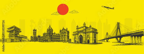 Mumbai Skyline Illustration with Cultural Touch and Festival Spirit – Best for Advertising, Travel Guides, and Educational Material