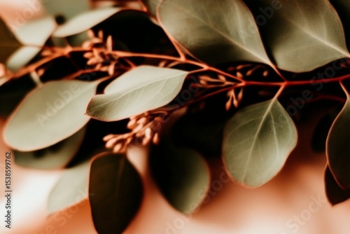 Close-up of eucalyptus leaves with soft light and warm tones