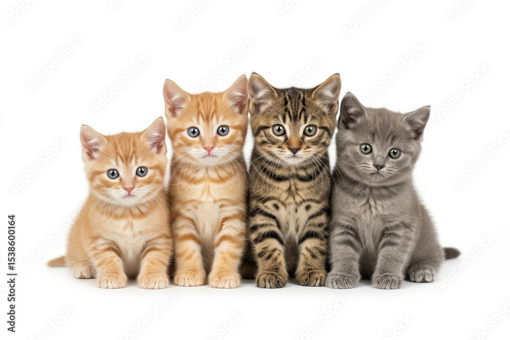 Fototapeta premium 4 cats, 4 kittens, ginger cat white background, 4 cats white background, 4 kittens kitten white background, four cats, grey kitten white background, tabby gray kitten white background, tabby kitten